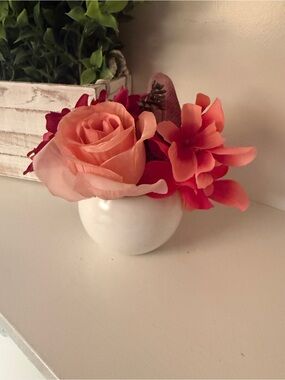 Small Faux Floral Arrangement White Ceramic Vase Burgundy Coral Flowers